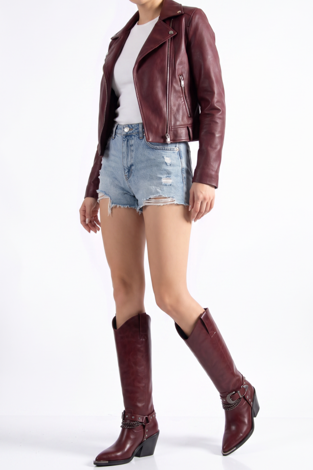 Bordo Mat Deri Zincir Trok Toka Detay Western Çizme 6009 39