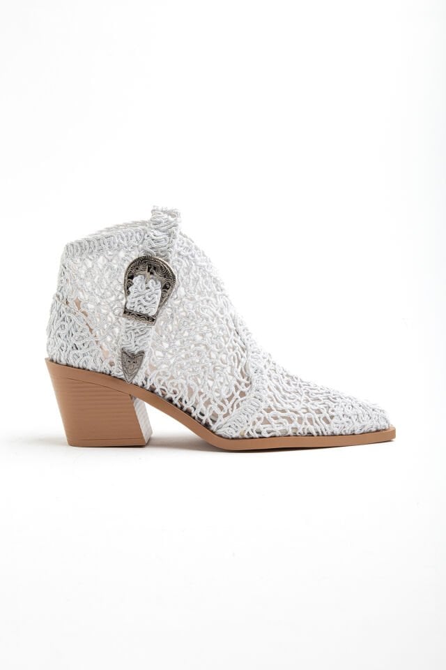 Beyaz Dantel Western Kısa Tokalı Kovboy Bot 2410