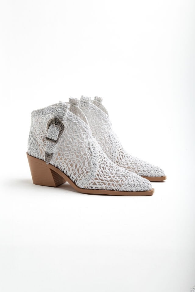 Beyaz Dantel Western Kısa Tokalı Kovboy Bot 2410