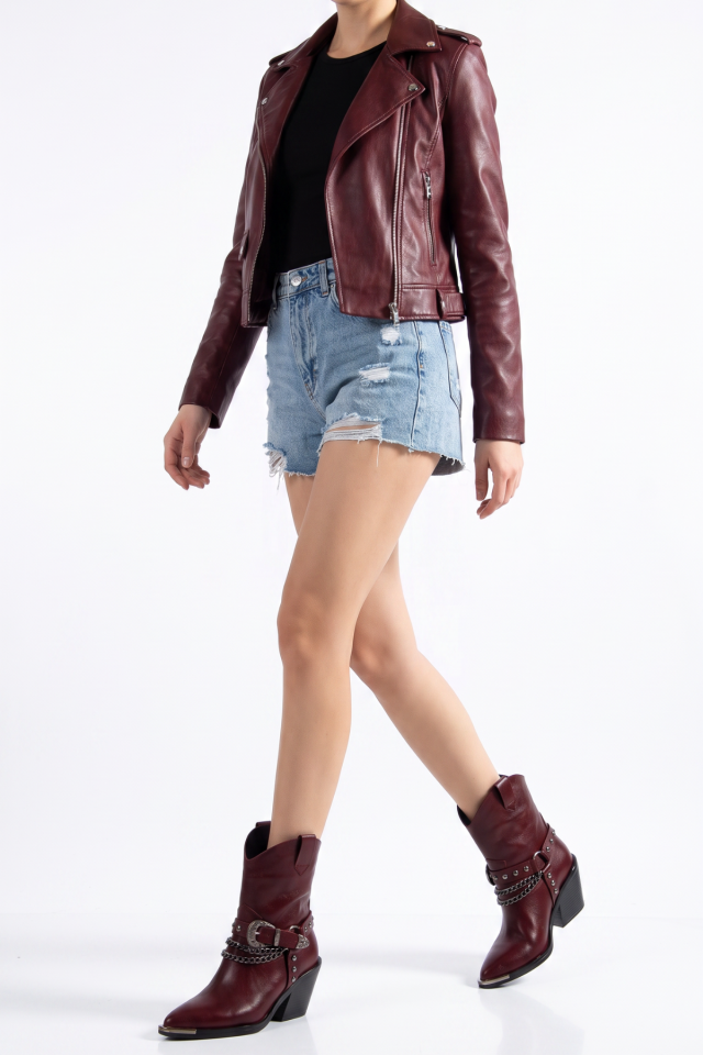 Bordo Mat Deri  Zincir Toka Detay Western Kovboy Bot 3845 39
