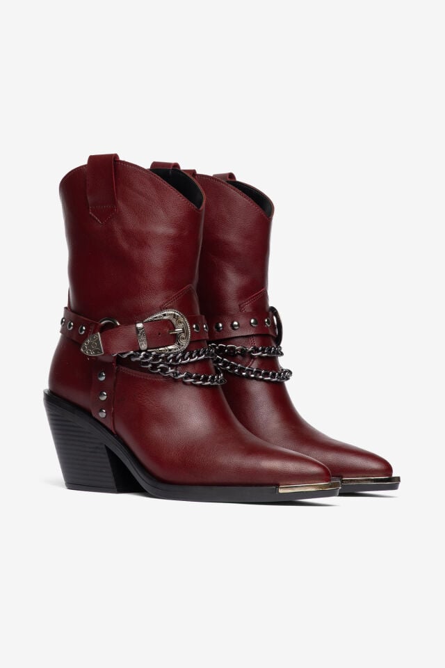 Bordo Mat Deri  Zincir Toka Detay Western Kovboy Bot 3845 39