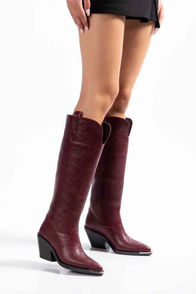 Bordo  Mat Deri Western Kovboy Nakışlı Çizme 6990 39