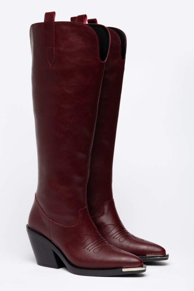 Bordo  Mat Deri Western Kovboy Nakışlı Çizme 6990 39