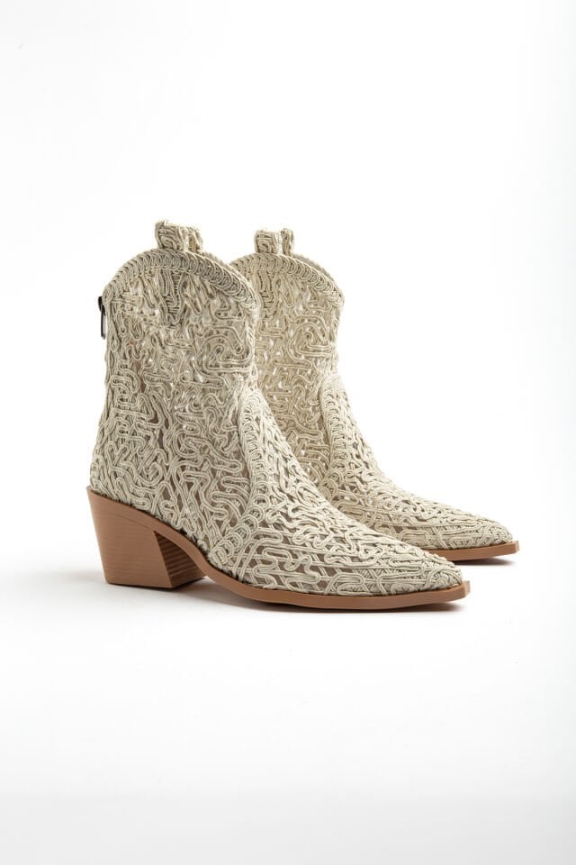 Bej Örgü Fermuarlı Western Kovboy Bot 3390