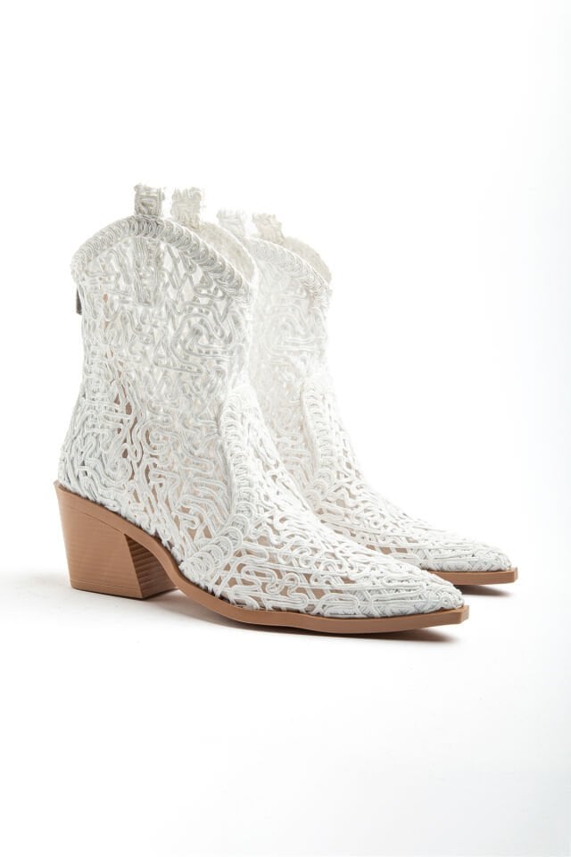 Beyaz Örgü Fermuarlı Western Kovboy Bot 3390