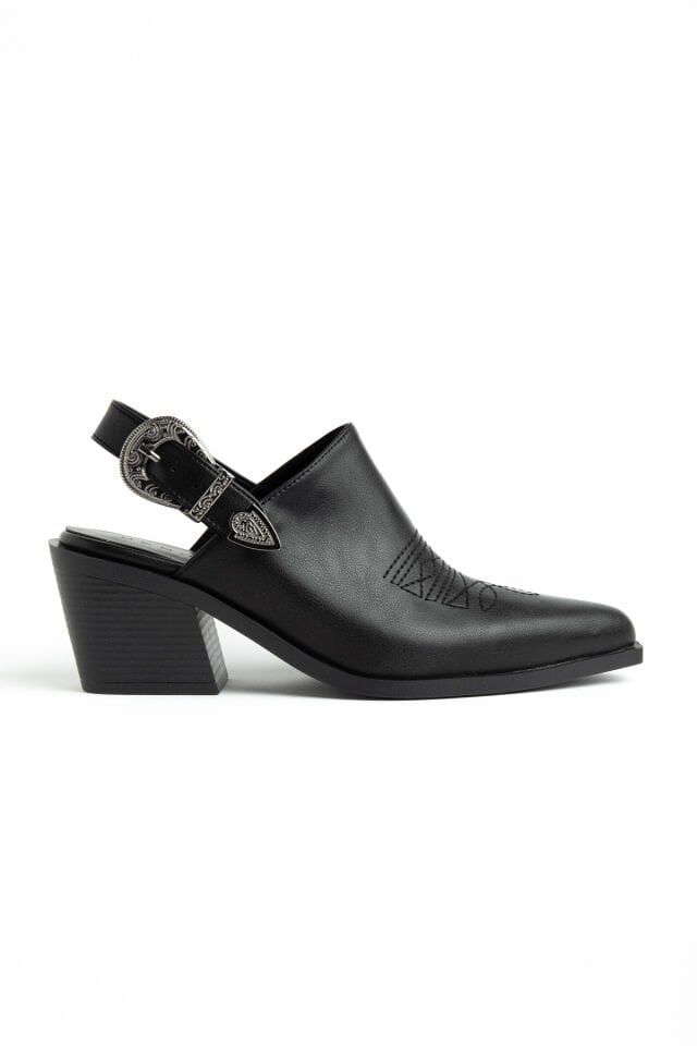 Siyah Mat Deri Nakışlı Arkası Açık Sandalet 1911