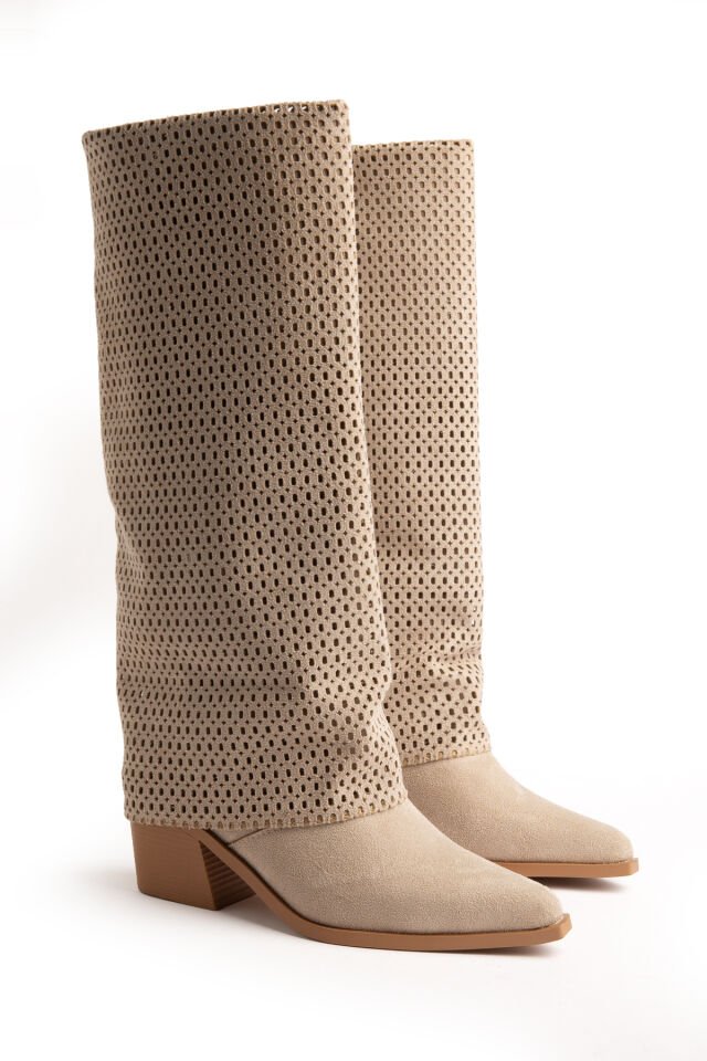 Bej Süet Delikli Pantolon Western Çizme 6515