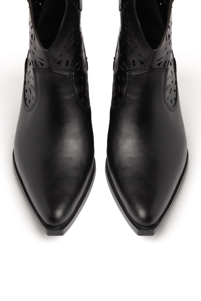 Siyah Mat Deri Western Lazer Delik Kovboy Bilekte Kısa Bot 5566