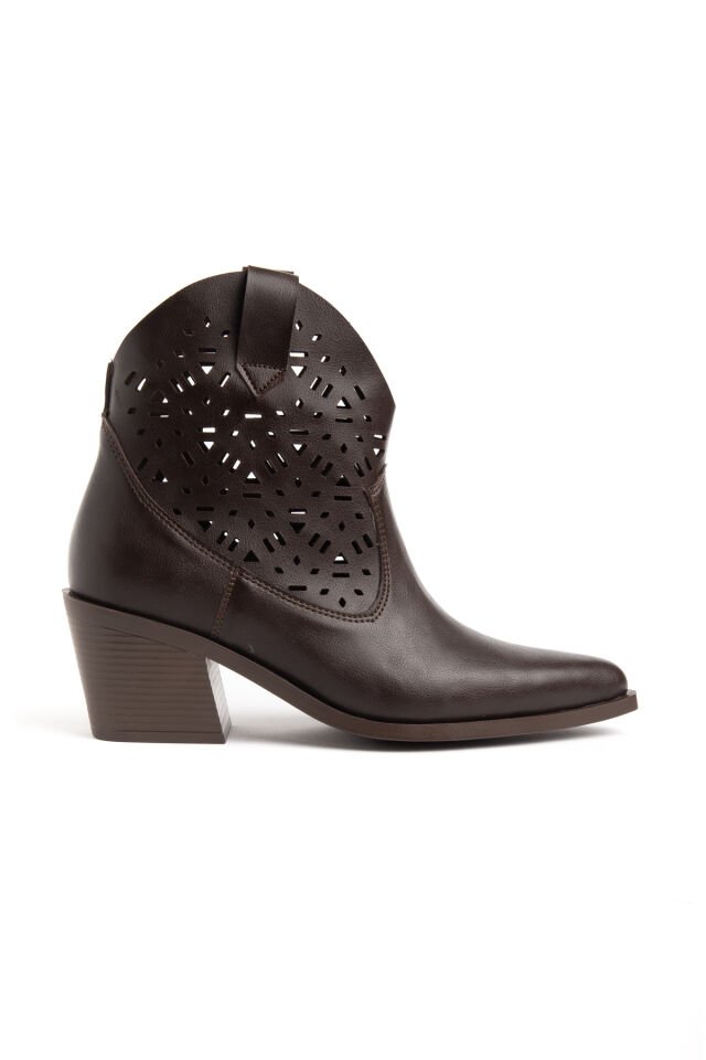 Acı Kahve Mat Deri Western Lazer Delik Kovboy Bilekte Kısa Bot 5566