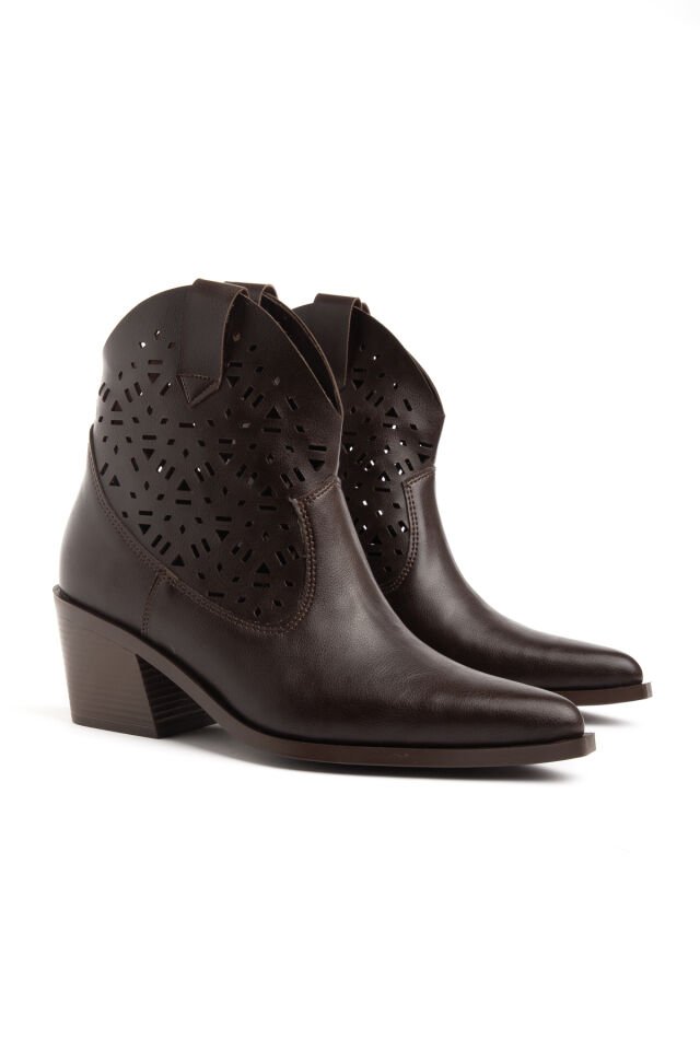 Acı Kahve Mat Deri Western Lazer Delik Kovboy Bilekte Kısa Bot 5566