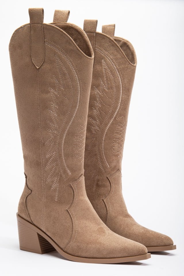 Vizon Taş Kum Mat Süet Western Kovboy Nakışlı Çizme 5110 39