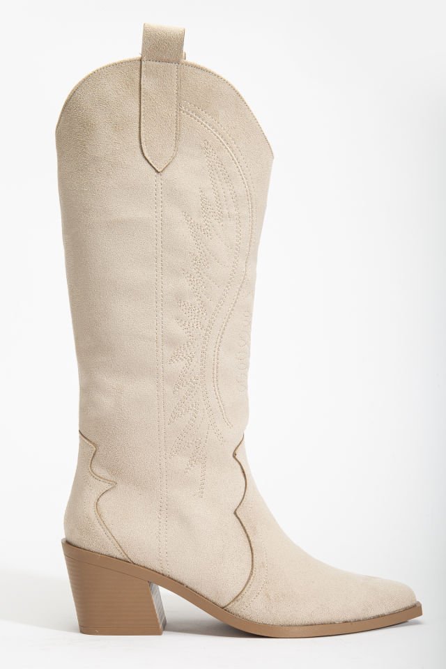 Bej Mat Süet Western Kovboy Nakışlı Çizme 5110