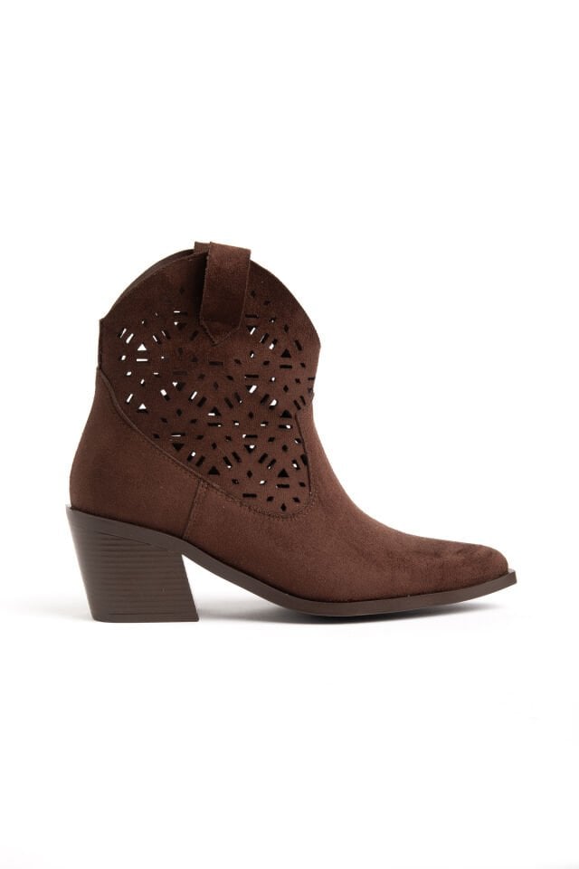 Kahve Süet Western Lazer Delik Kovboy Bilekte Kısa Bot 5566