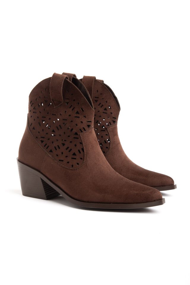 Kahve Süet Western Lazer Delik Kovboy Bilekte Kısa Bot 5566