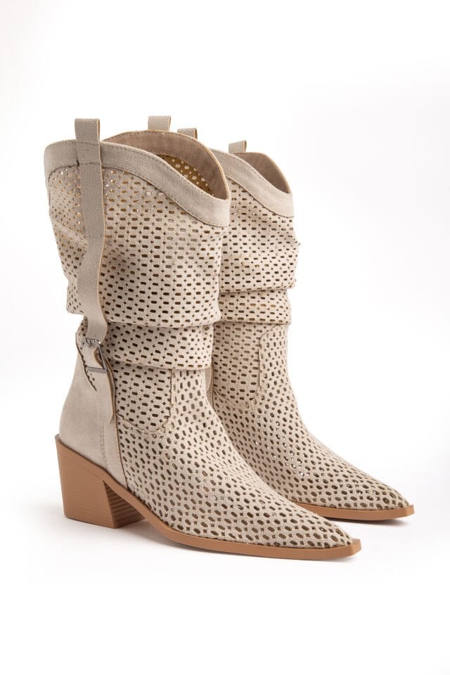 Bej  Süet Western Delikli Kovboy Büzgülü Bot 9555