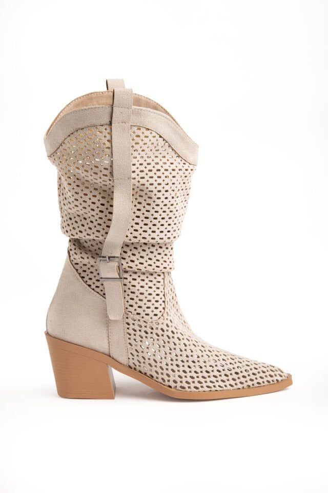 Bej  Süet Western Delikli Kovboy Büzgülü Bot 9555