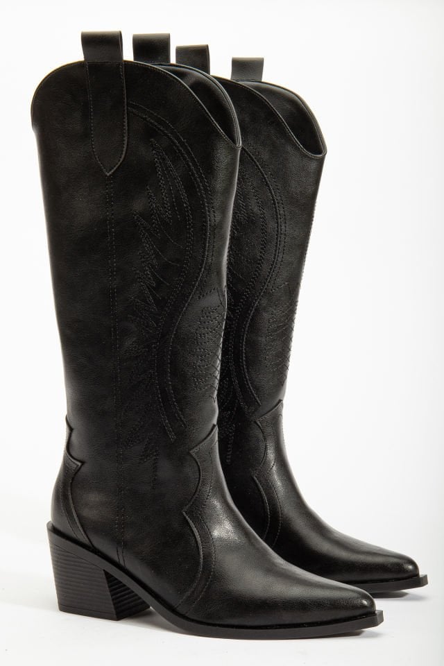 Siyah Mat Deri Western Kovboy Nakışlı Çizme 5110 39