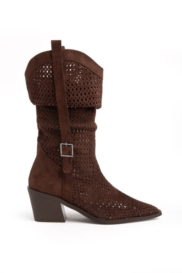 Kahve Süet Western Delikli Kovboy Büzgülü Bot 9555