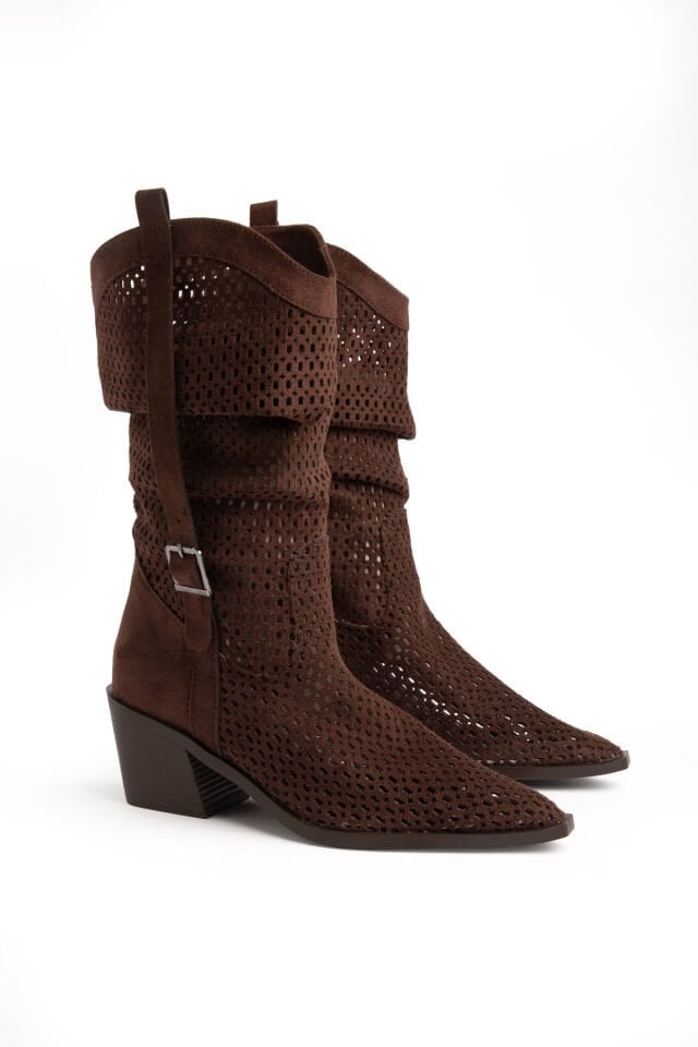 Kahve Süet Western Delikli Kovboy Büzgülü Bot 9555