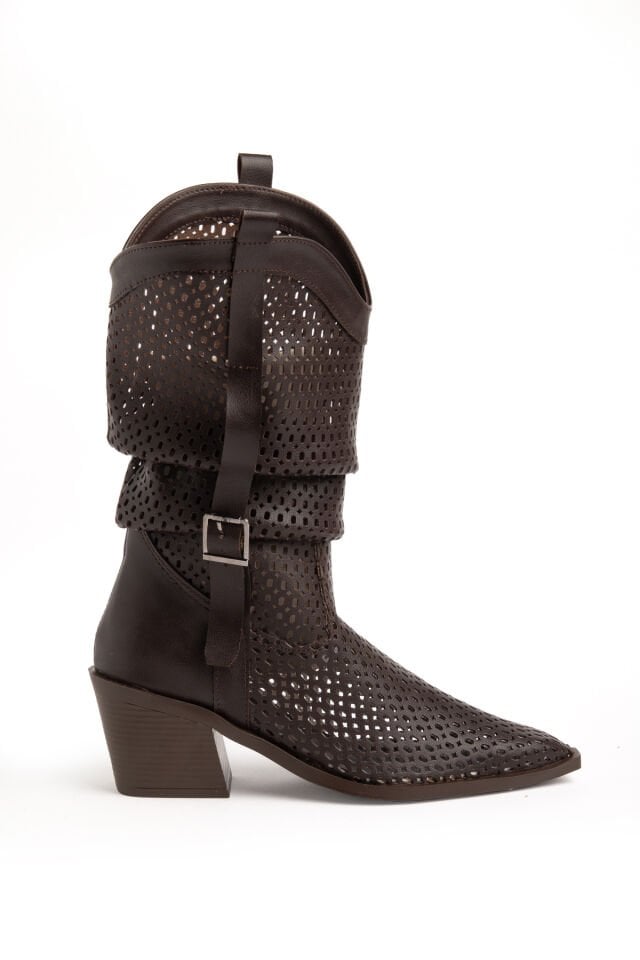 Acı Kahve Mat Deri Western Delikli Kovboy Büzgülü Bot 9555
