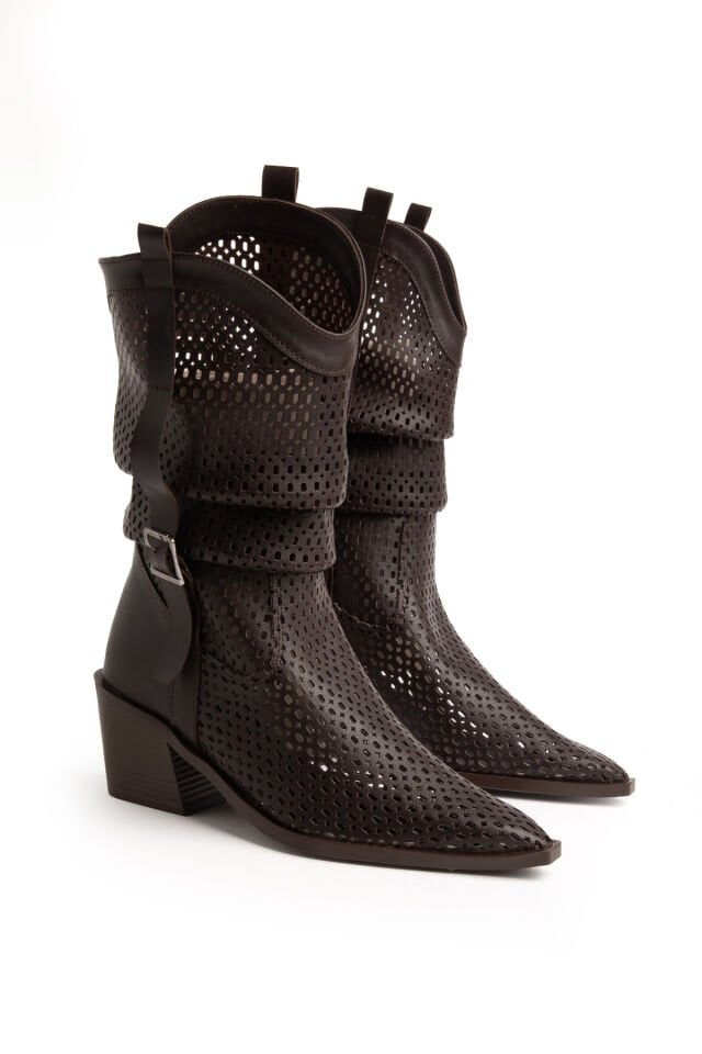 Acı Kahve Mat Deri Western Delikli Kovboy Büzgülü Bot 9555