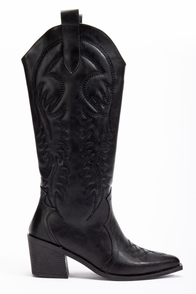 Siyah Mat Deri Western Kovboy Kabartmalı Nakışlı Çizme 5210