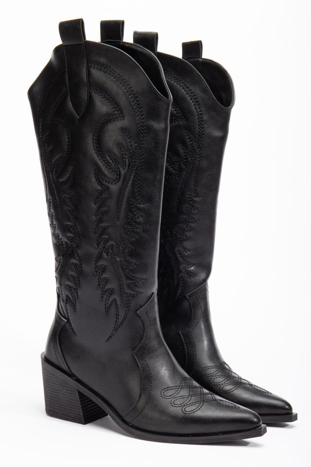 Siyah Mat Deri Western Kovboy Kabartmalı Nakışlı Çizme 5210 39
