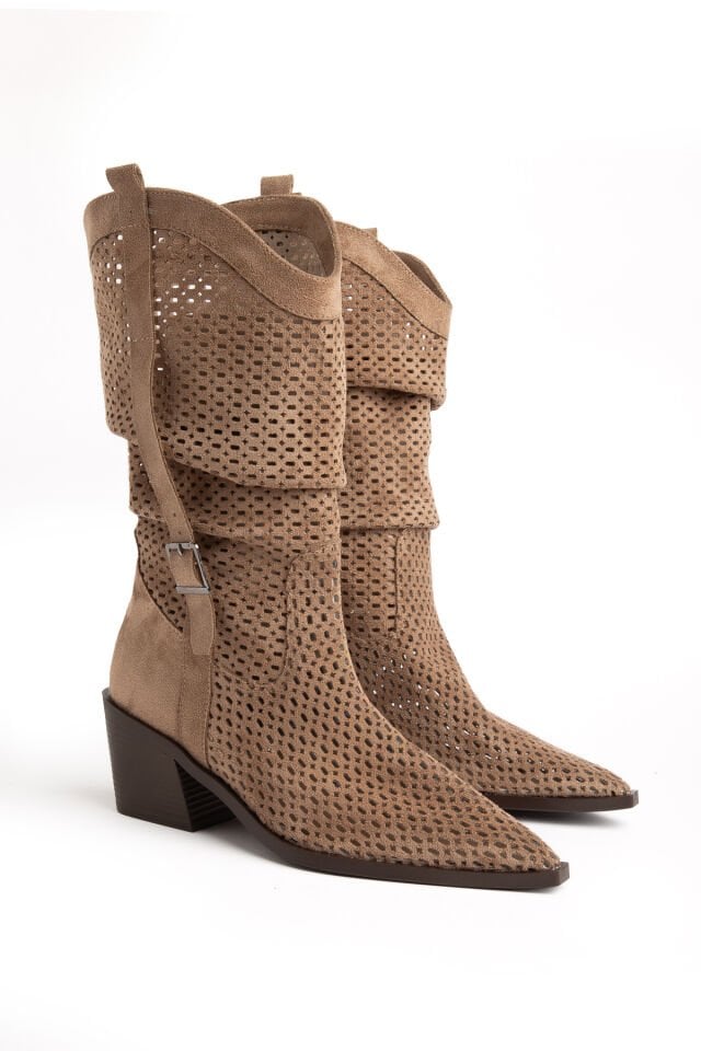 Vizon Süet Western Delikli Kovboy Büzgülü Bot 9555