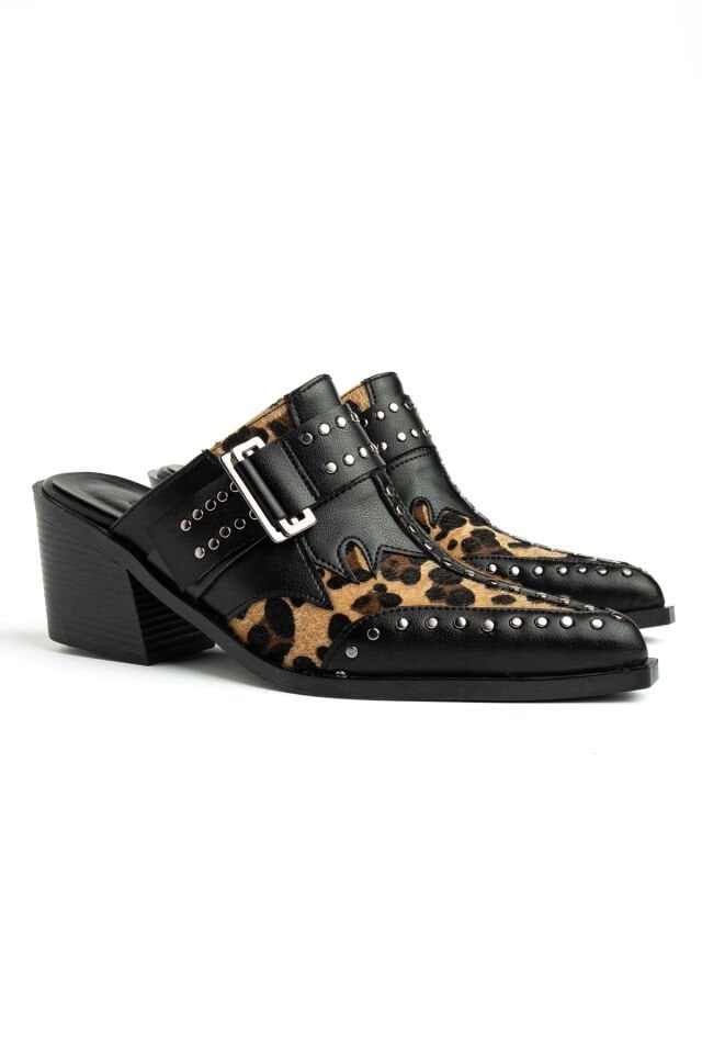 Siyah Leopar Mat Deri Pim Detay Detay Terlik 7777