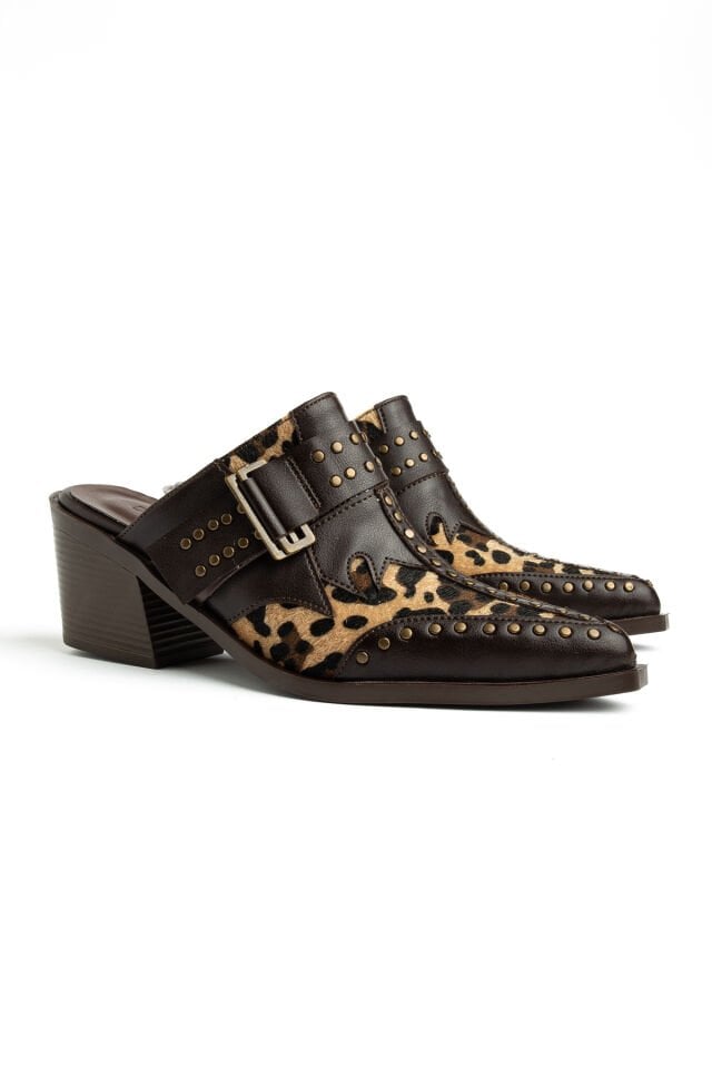 Kahve Leopar Mat Deri Pim Detay Detay Terlik 7777