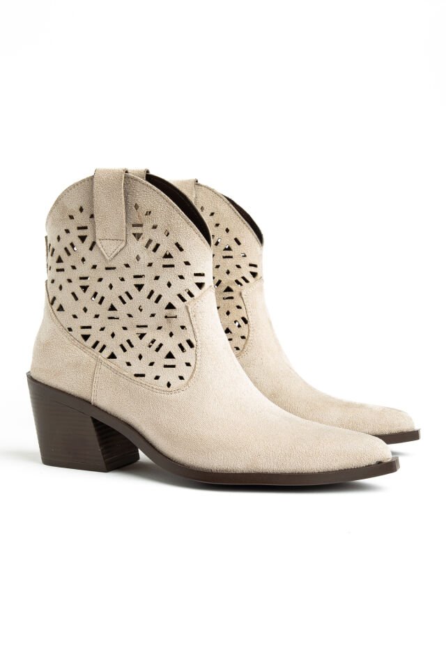 Bej Süet Western Lazer Delik Kovboy Bilekte Kısa Bot 5566