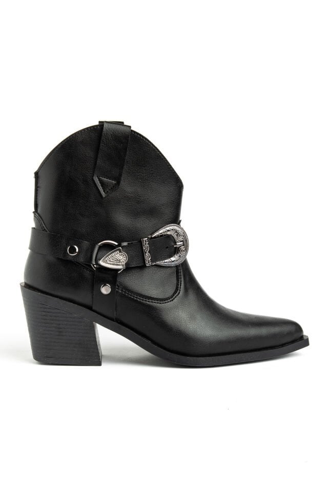 Siyah Mat Deri Western Tokalı Kovboy Bilekte Kısa Bot 4339