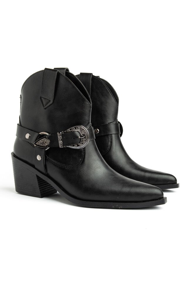 Siyah Mat Deri Western Tokalı Kovboy Bilekte Kısa Bot 4339