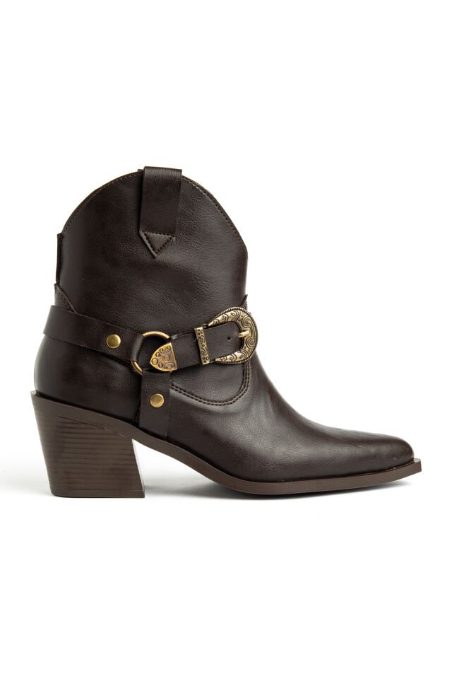 Acı Kahve Mat Deri Western Tokalı Kovboy Bilekte Kısa Bot 4339