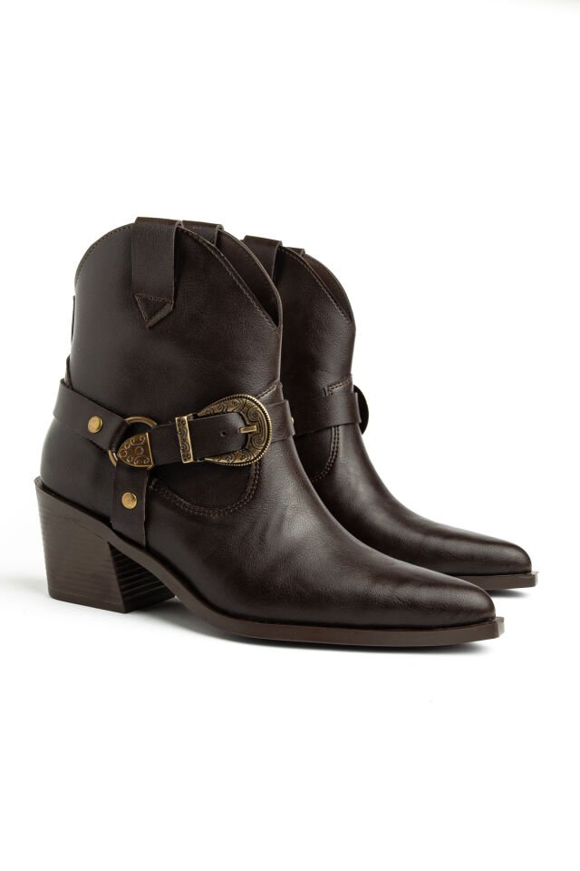 Acı Kahve Mat Deri Western Tokalı Kovboy Bilekte Kısa Bot 4339