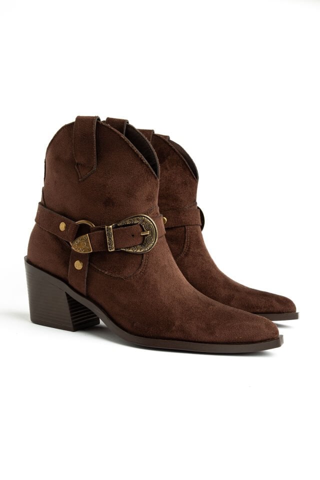 Kahve Süet Western Tokalı Kovboy Bilekte Kısa Bot 4339