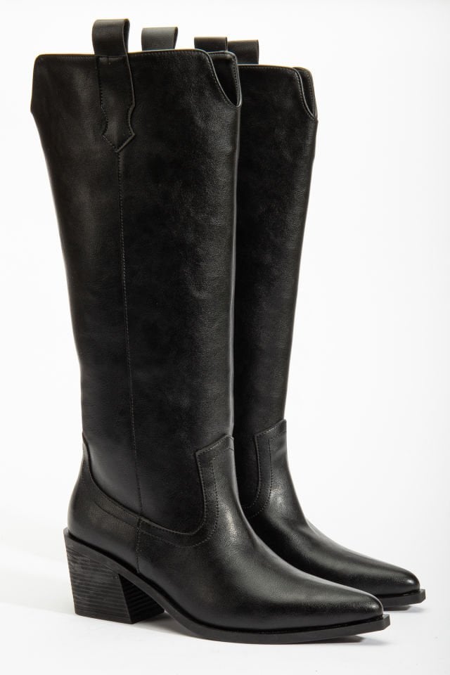 Siyah Mat Deri Western Kovboy Düz Çizme 9191 39
