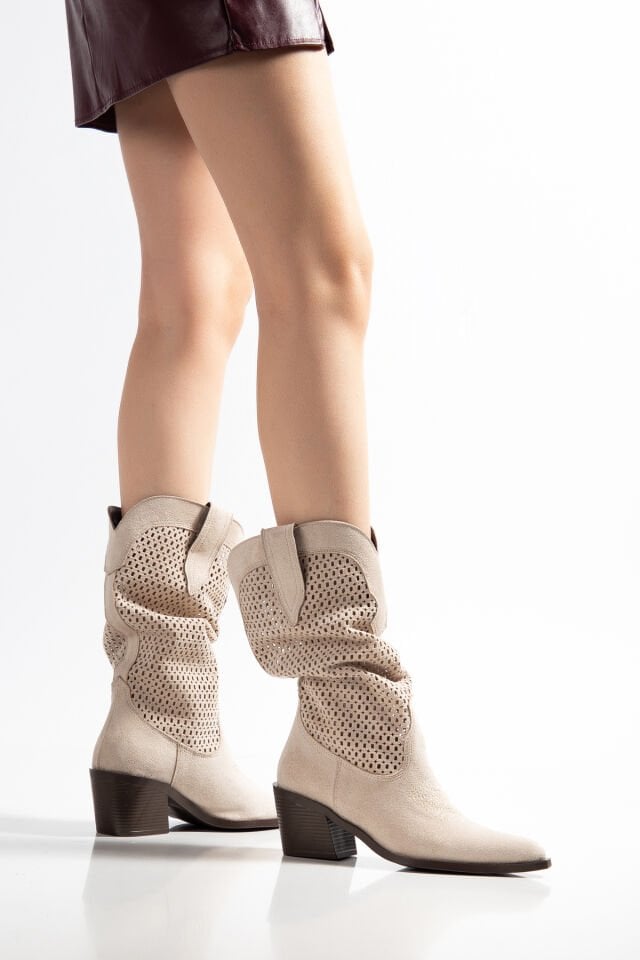 Bej Süet Western Lazer Delikli Kovboy Bot 3939