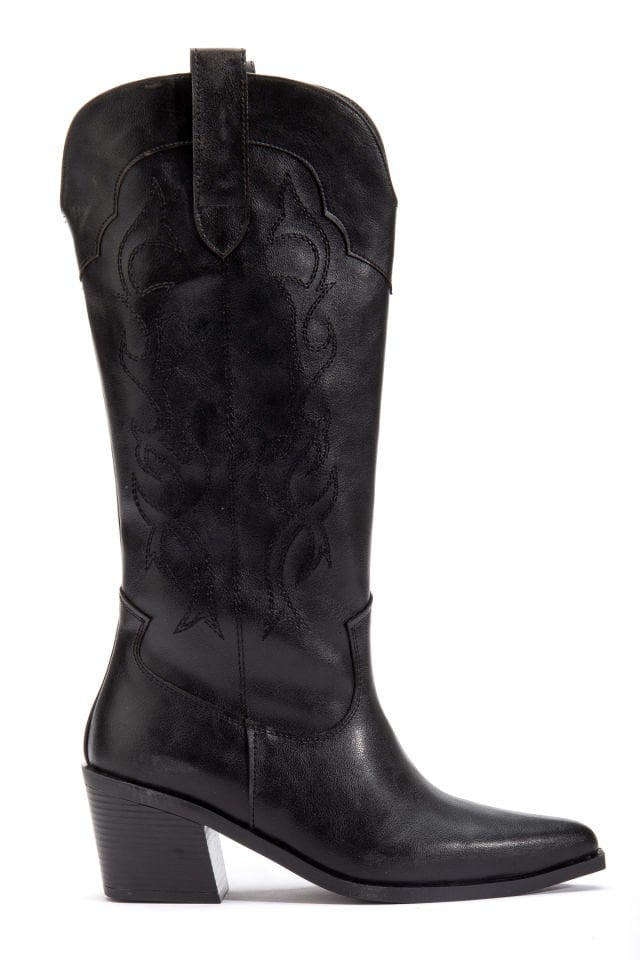 Siyah Mat Deri Western Kovboy Nakışlı Çizme 7050 39