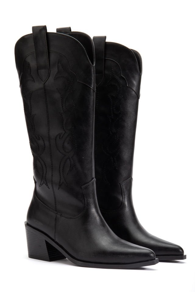 Siyah Mat Deri Western Kovboy Nakışlı Çizme 7050 39