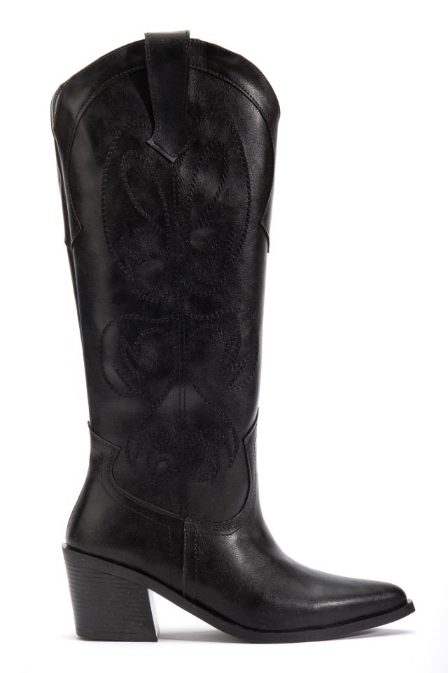 Siyah Mat Deri Western Kovboy Nakışlı Çizme 2220