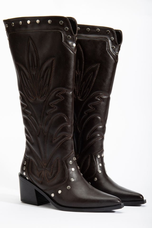 Acı Kahve Mat Deri Western Kovboy Nakışlı Zımbalı Çizme 1717 39