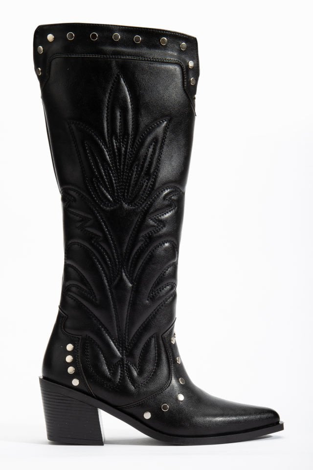 Siyah  Mat Deri Western Kovboy Nakışlı Zımbalı Çizme 1717 36