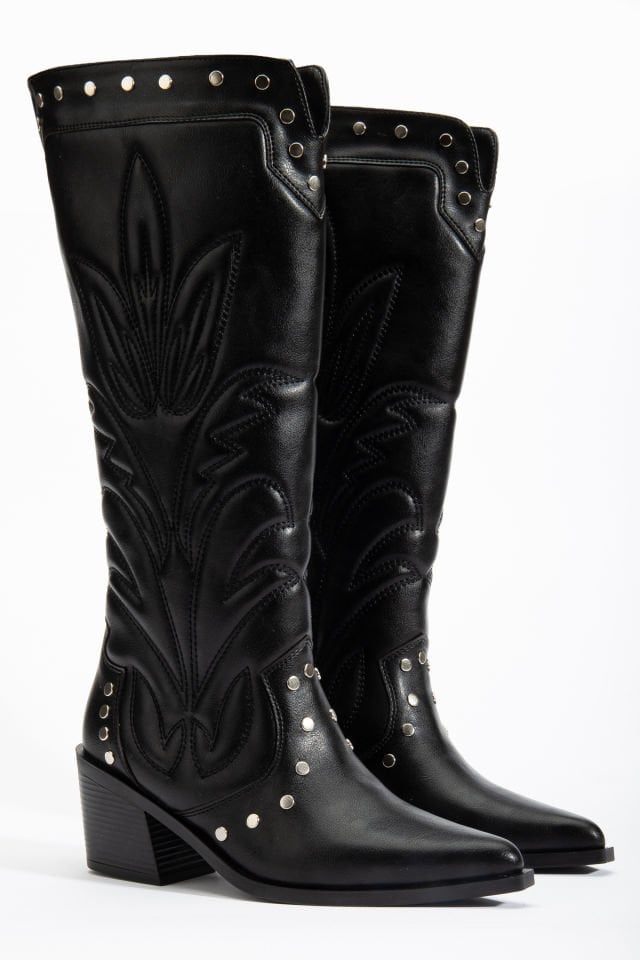 Siyah  Mat Deri Western Kovboy Nakışlı Zımbalı Çizme 1717 36