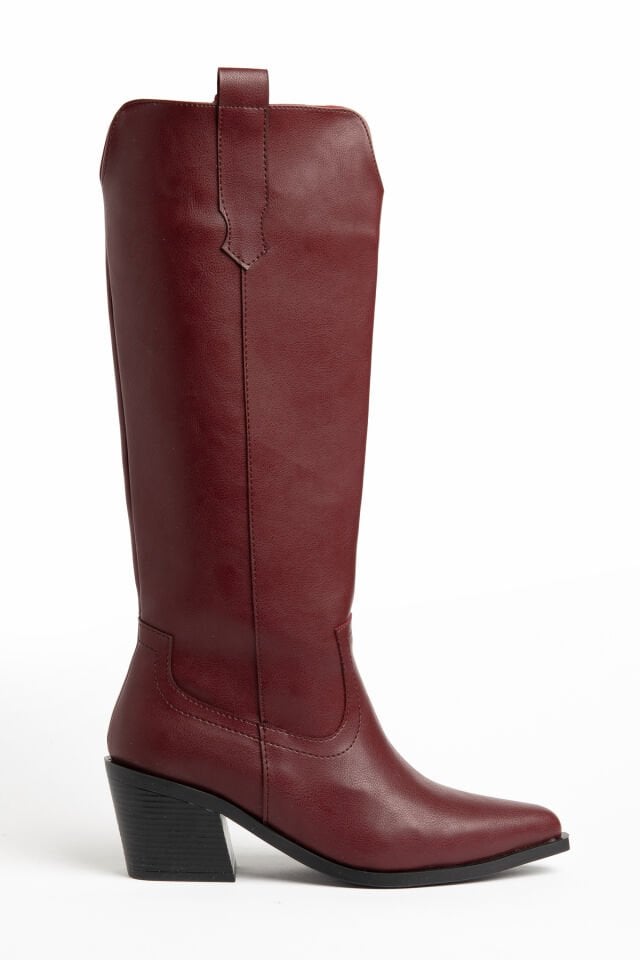Bordo Mat Deri Western Kovboy Düz Çizme 9191 39