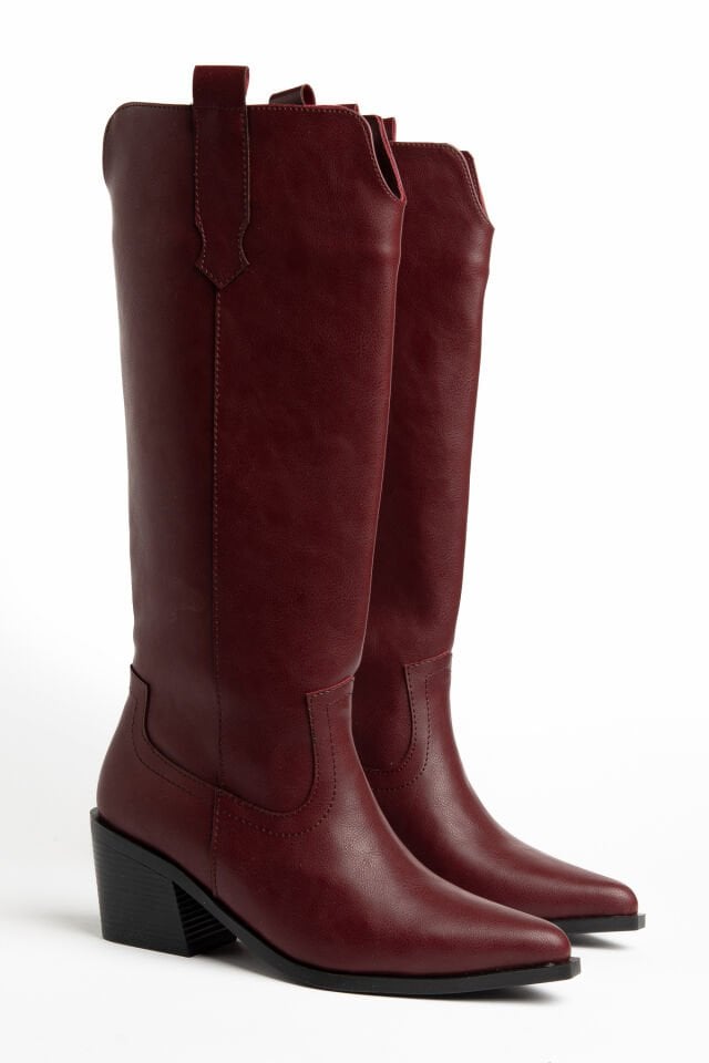 Bordo Mat Deri Western Kovboy Düz Çizme 9191 39