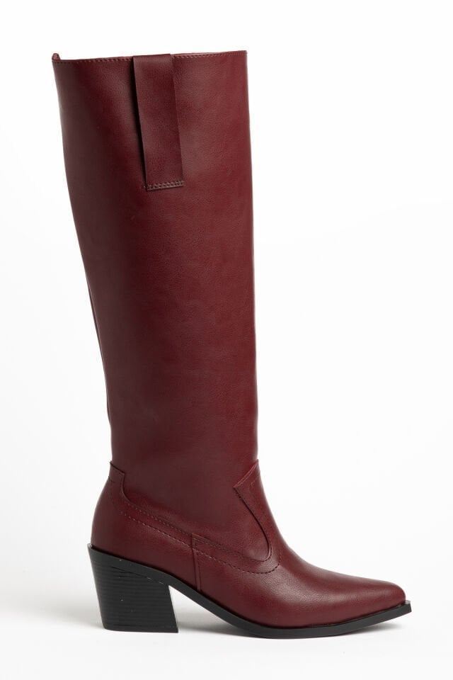 Bordo Mat Deri Binici Western Kovboy Düz Uzun Çizme 4060 39