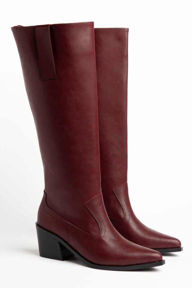 Bordo Mat Deri Binici Western Kovboy Düz Uzun Çizme 4060 39