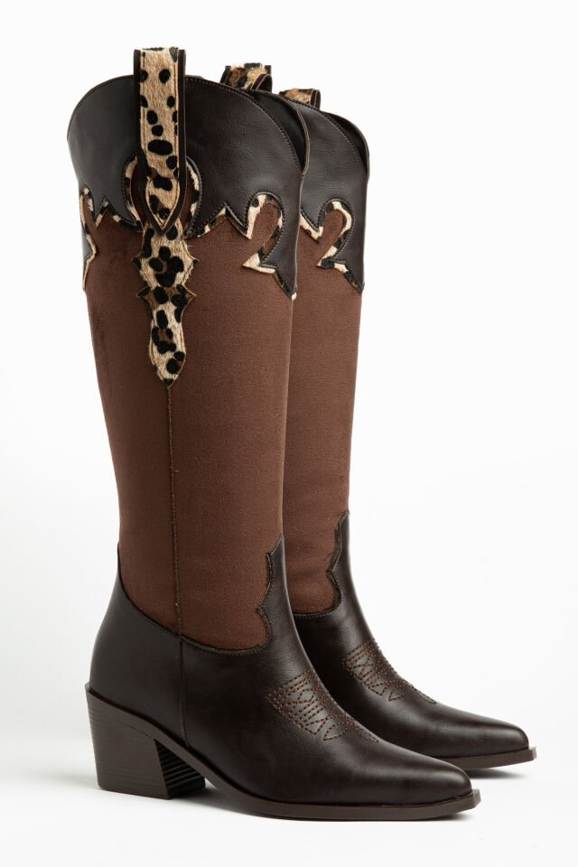 Leopar Kahve Cilt Süet Parçalı Western Çizme 4444 39