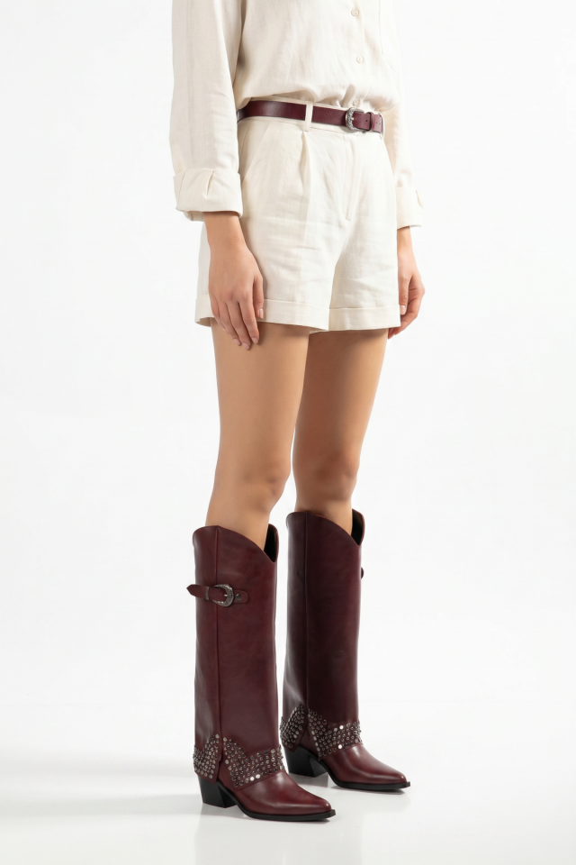 Bordo Mat Deri Trok Detay Pantolon Western Çizme 2680 39